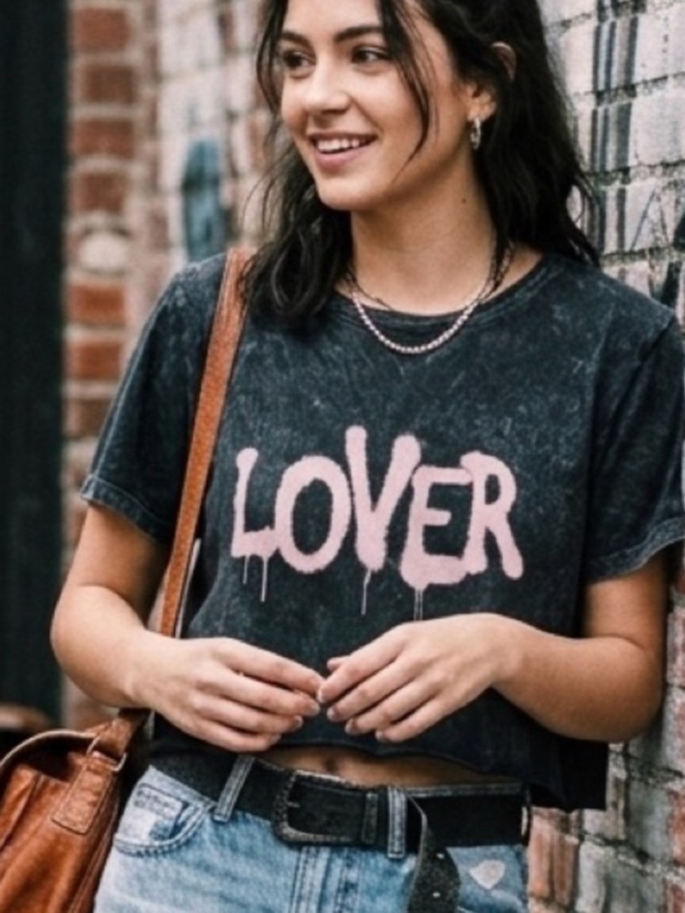 Graffiti Vintage Style LOVER Pink Text Crop Top Acid Wash Black 100% Cotton Tee